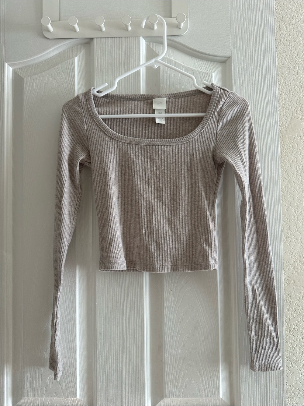H&M Ribbed Scoop-Neck Long Sleeve Top - Taupe